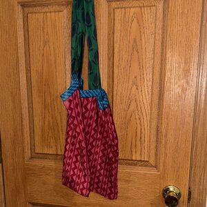 Colorful Patterned Tote Bag with Green Straps